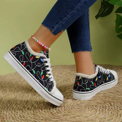 Women's Spring Cartoon Graffiti Casual Canvas Shoes - Fashion Lace-Up Round Toe Lightweight Sneakers