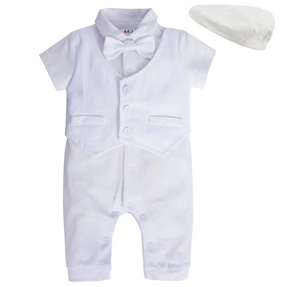 Baby Boys Christening Outfits Baptism Newborn White One-Pieces Short Sleeve Summer Clothes Shower Gift with Beret Hat black