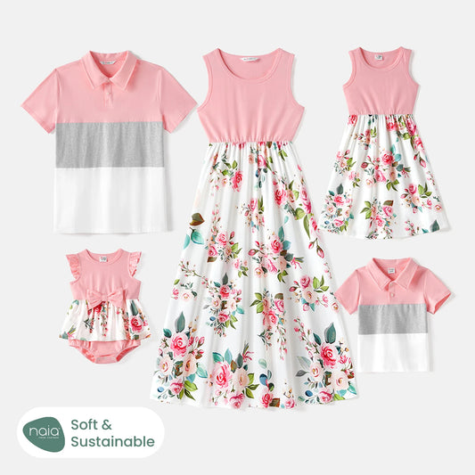 PatPat Family Matching Outfits | 95% Cotton Colorblock Polo Shirts & Floral Naia™ Spliced Tank Dresses for Summer