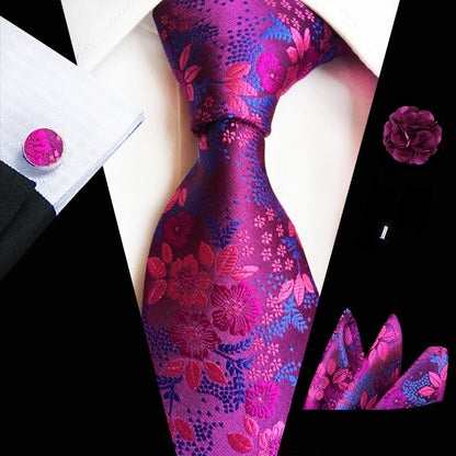 Floral Pink Silk Tie Set for Men – Wedding & Party Neck Tie with Handkerchief, Brooch, and Cufflinks TZ-MF01