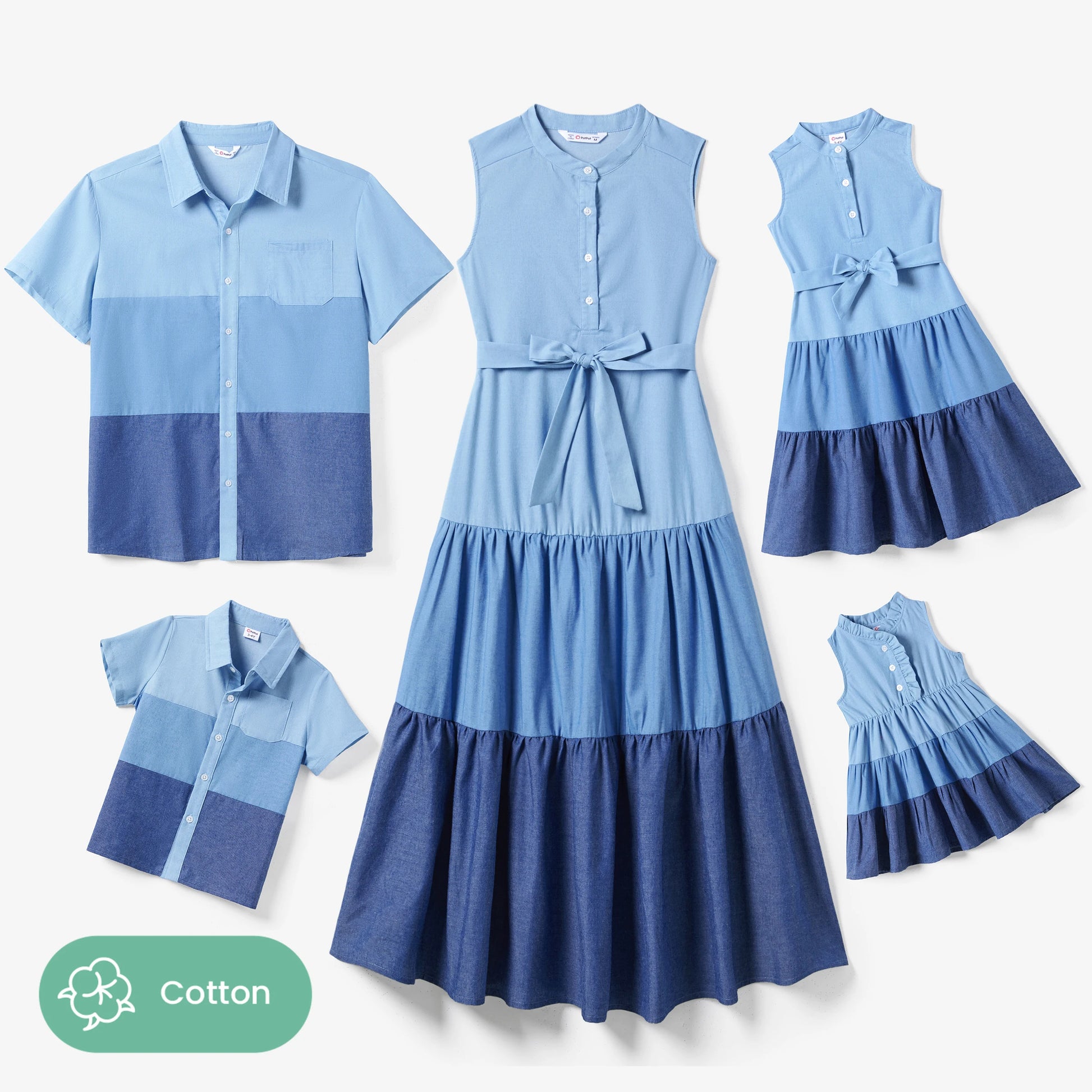 PatPat Family Matching Colorblock Shirt and Tiered A-line Pleated Dress Sets