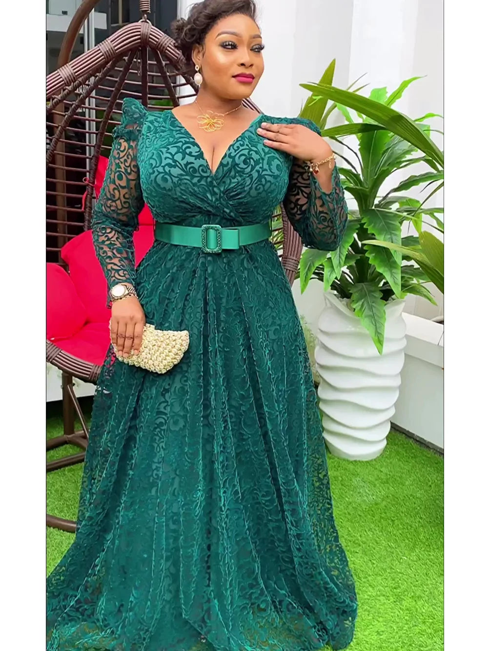 Elegant African Dresses for Women 2024 New Spring Summer Fashion Africa Clothing Muslim Print Evening Party Long Dress green