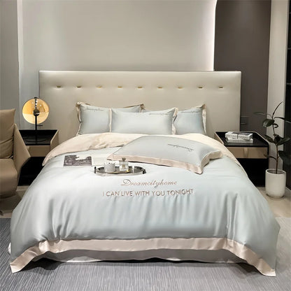 Fashion silk bed cover set for all seasons, queen size. Lightblue White 200*230cm