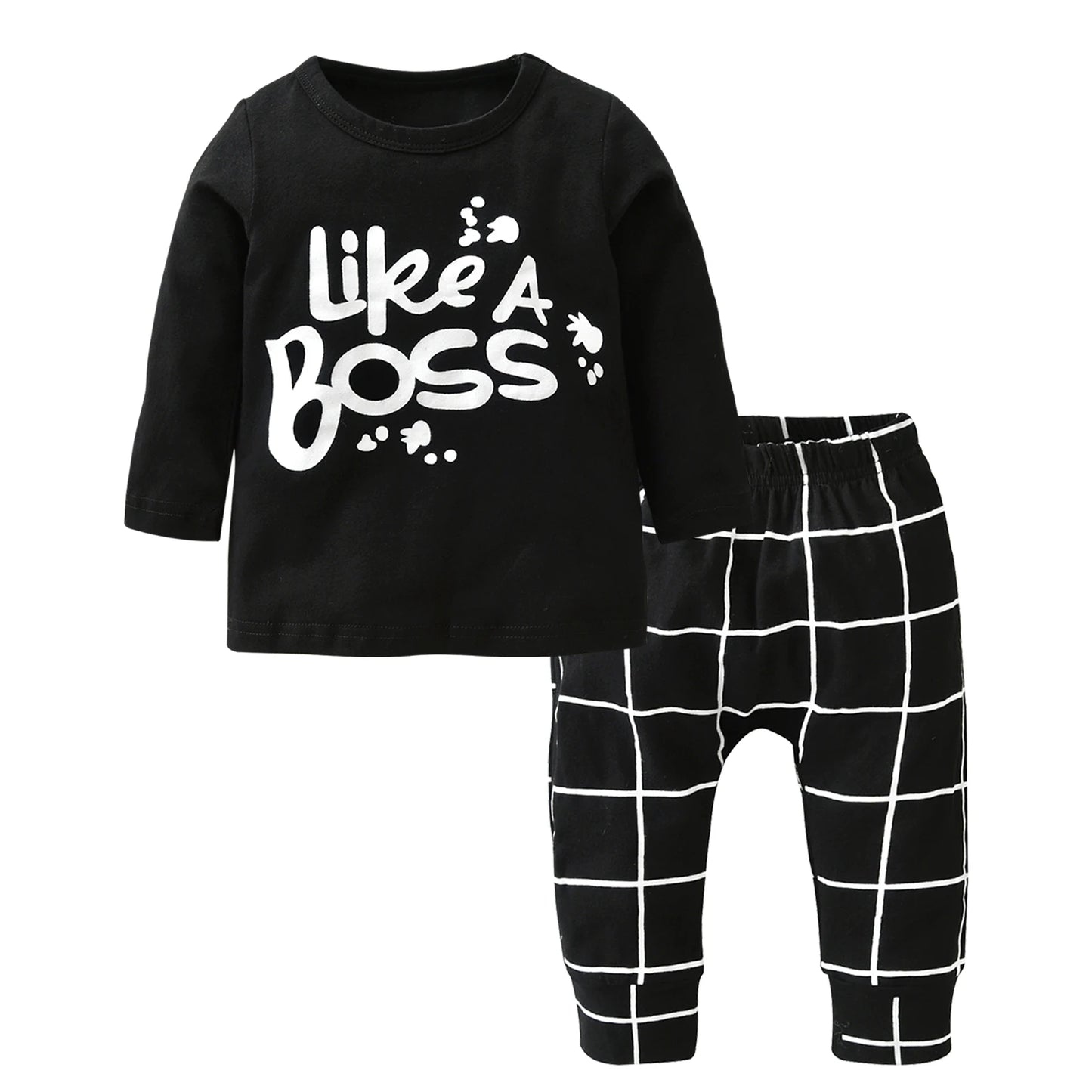 New Spring Autumn Toddler Baby Boy Outfit Clothes Set Fashion Letters Printed T-shirt Top and Plaid Pants 2pcs Newborn Clothing