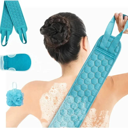 3-Piece Exfoliating Body Scrubber Set – Back Scrubber, Bath Sponge & Glove for Deep Cleansing red