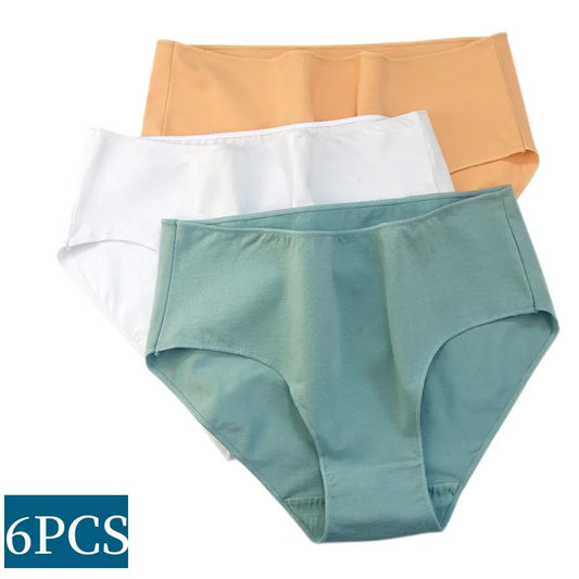 6PCS/Lot Cotton Seamless Panties Women High Waist Briefs Underwear Comfort Intimates Female Underpants Solid Color Pantys M-2XL