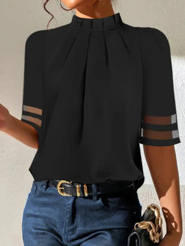 Uoozee Urban Female Stylish Solid Color Stand Collar Pleated Tops Tees Loose See-Through Half Sleeves Casual Simple T-shirts BLACK