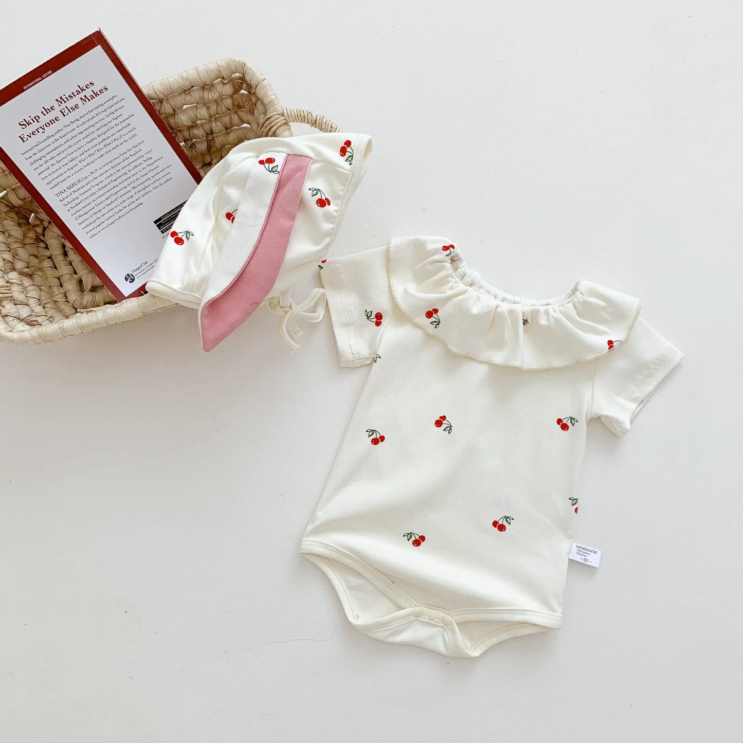 New In Summer Infant Newborn Girls Short Sleeve Cherry Print Outfits Jumpsuits Kids Baby Cotton Clothing Bodysuits Gift Hat Beige