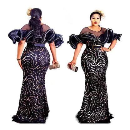 2023 Spring Summer Elegant African Women Short Sleeve Sequined Wedding Party Long Dress African Dresses for Women Maxi Dress