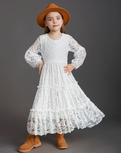 Girls Bohemian Lace Long Sleeve Dress | Elegant Pink & White Princess Party Dress for Kids (Ages 3-12) White 1