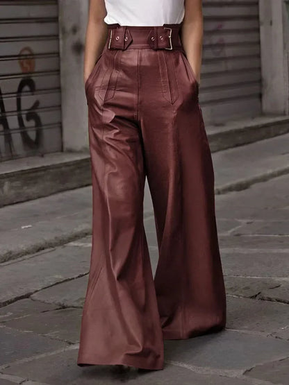 Yeezzi Solid Color PU High Waisted Wide Leg Pants Women 2024 New Autumn Fashion Pockets Loose Pleated Urban Office Trousers BRICK RED