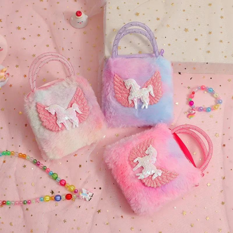 Unicorn Cartoon Plush Shoulder Bag for Kids Crossbody Bag for Kindergarten Girls Portable Outdoor Small Square Coin Bag Wallet