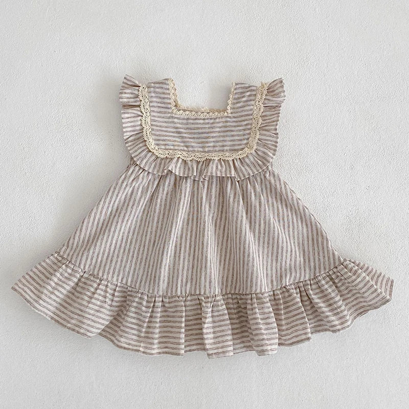 Newborn Toddler Baby Girls Stripe Jumpsuit Summer Sweet Fashion Baby Girls Sleeveless Kids Princess Dress Girls Sister Clothes A6015 Brown Dress