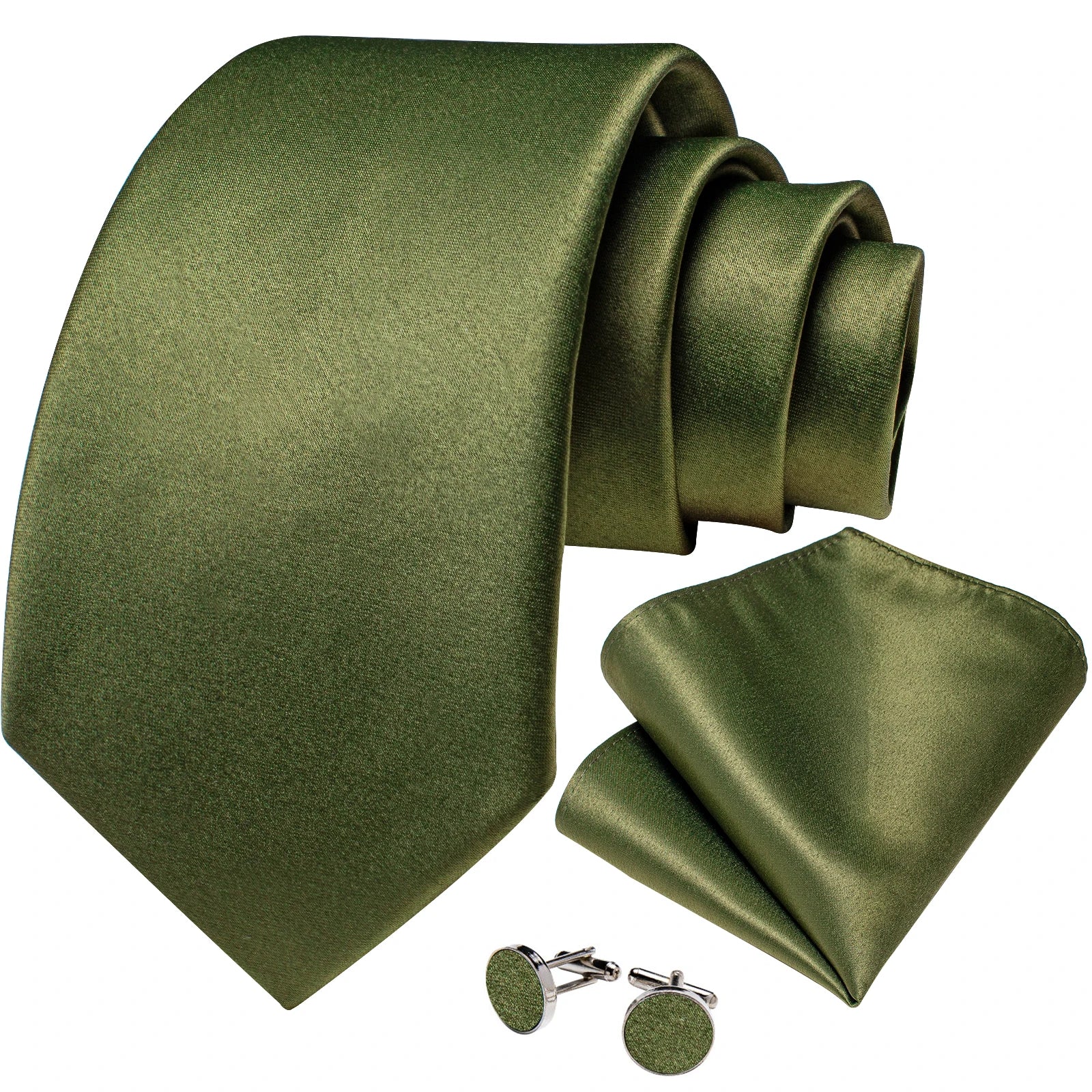 DiBanGu New Olive Green Solid Silk Ties for Men Pocket Square Cufflinks Gift Wedding Party Accessories 8cm Necktie Set Wholesale