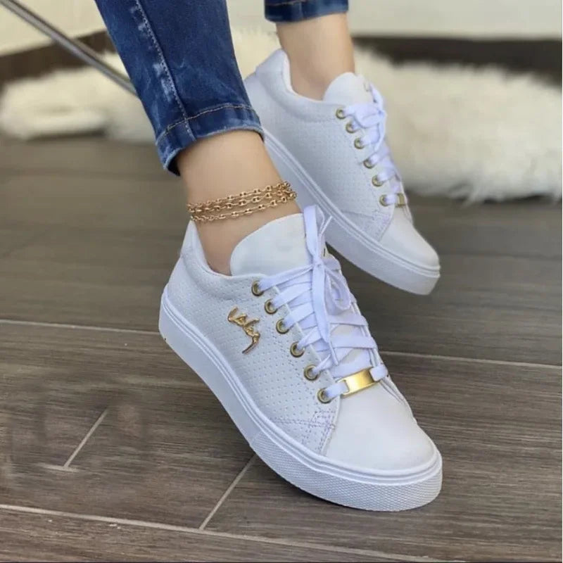 Vulcanized Women's Casual Sneakers | 2024 Fashion Lace-Up Flats | Plus Size 43 Outdoor Walking Shoes | Zapatillas Mujer WHITE