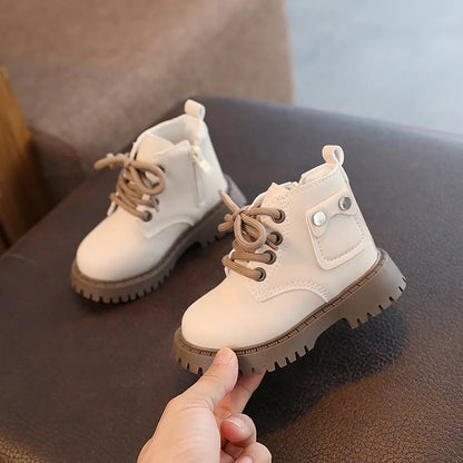 Children's Fashion Front Lace Up Soft Sole Anti Slip Warm Snow Boots Girls' Plush Casual Cotton Shoes WHITE