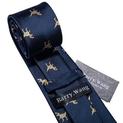 Men's Navy Gold Dinosaur Pattern Necktie Set | 8.5cm Silk Tie for Wedding & Business | Barry.Wang FA-5191