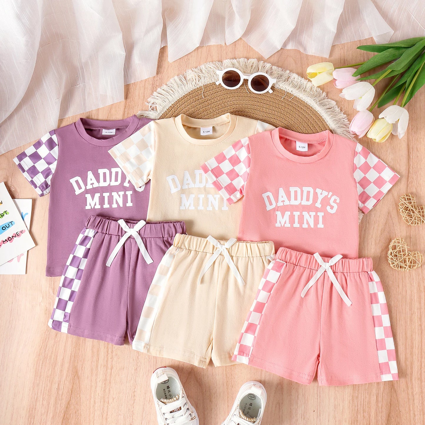 2PCS Summer 0-4 Years Old Cute Fashion Trend Baby Girls Universal Comfortable Soft Daddys Mini Letter Multicolor Plaid Set