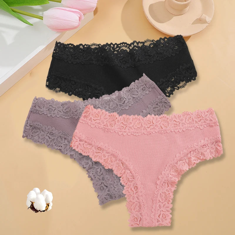 3PCS/Set Women Cotton Seamless Panties Sexy Lace Brazilian Panties Low Rise Soft Breathable Lingerie for Female G-String Briefs Set 6 3pcs