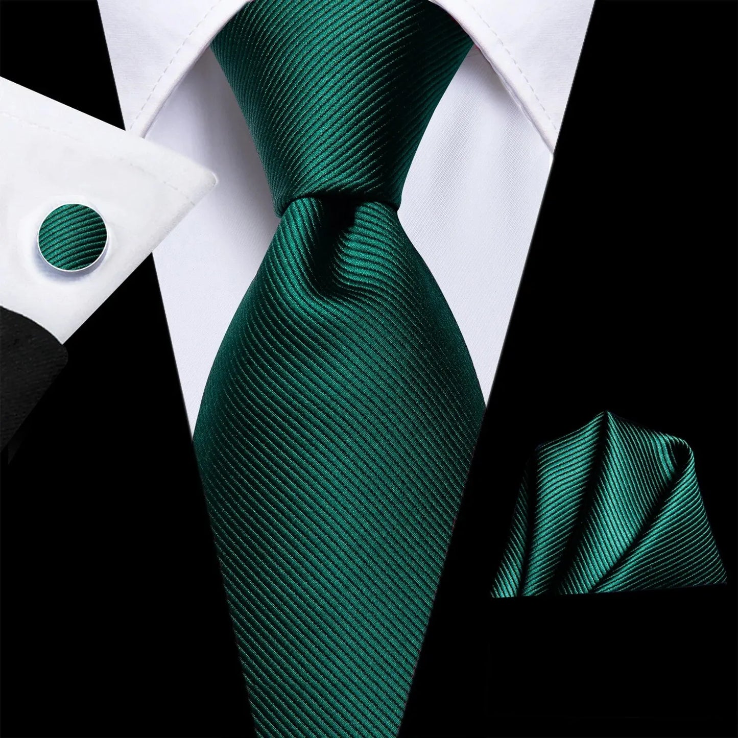 Barry.Wang Formal Men's Tie Handkerchief & Cufflinks Set – Jacquard Solid Striped Necktie in Blue, Gold, Green BWN0830