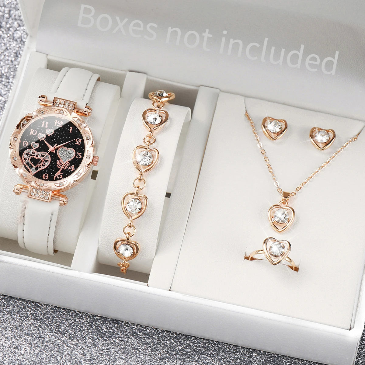 5-Piece Rhinestone Heart Women’s Watch & Jewelry Set - Leather Band Quartz Watch