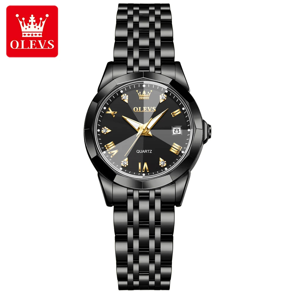 OLEVS 9931 Women’s Elegant Quartz Wristwatch | Stainless Steel Strap, Rhombus Mirror, Waterproof & Luminous Ladies Watch Full Black CN