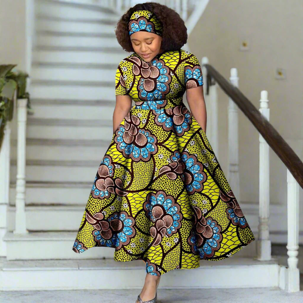 African Women Dress Dashiki Ankara Elegant Ladies Short Sleeves Dress Party Evening Prom with Headscarf Evening Dress Y2225024 619 Free size