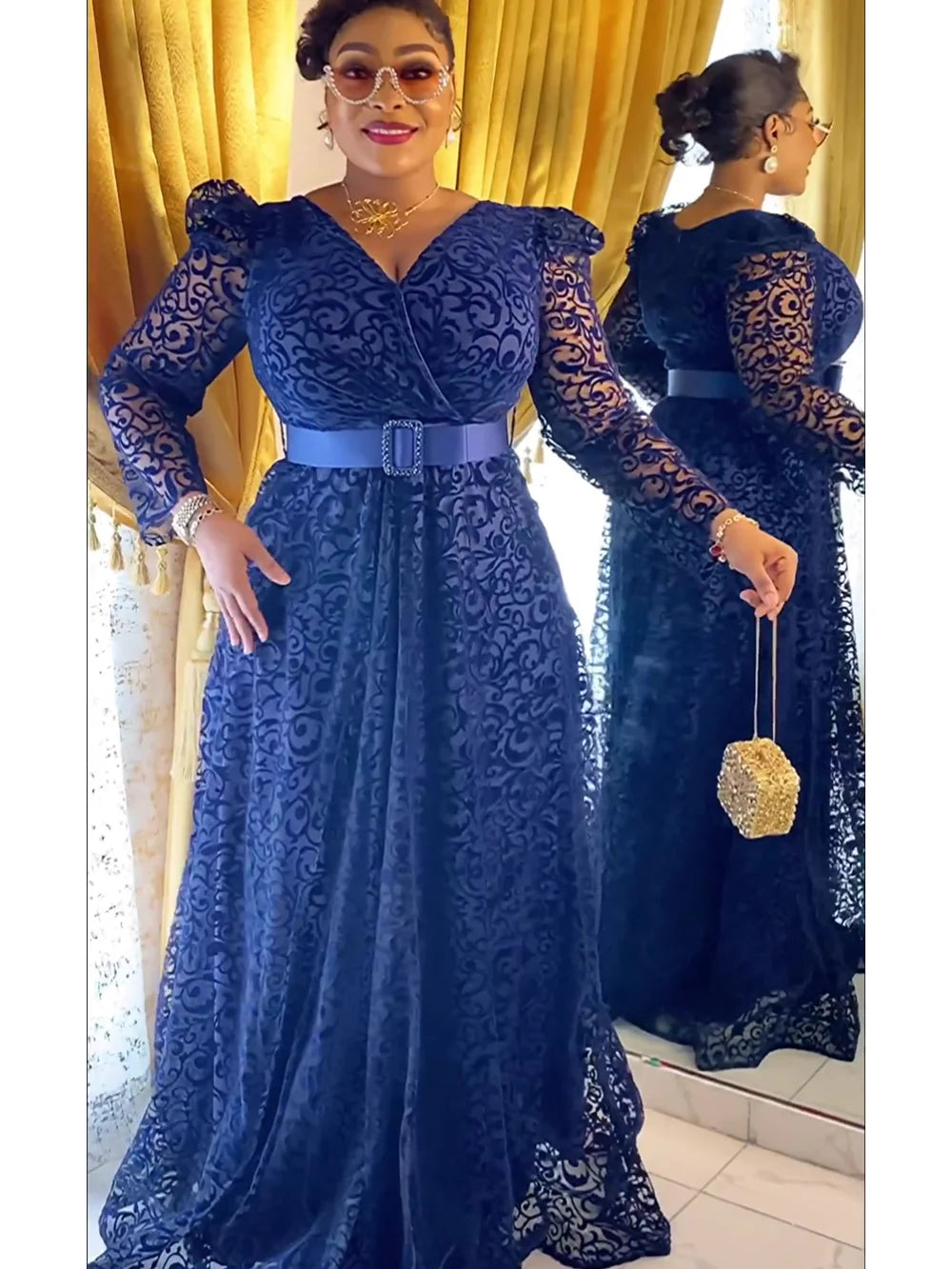 Elegant African Dresses for Women 2024 New Spring Summer Fashion Africa Clothing Muslim Print Evening Party Long Dress Navy Blue