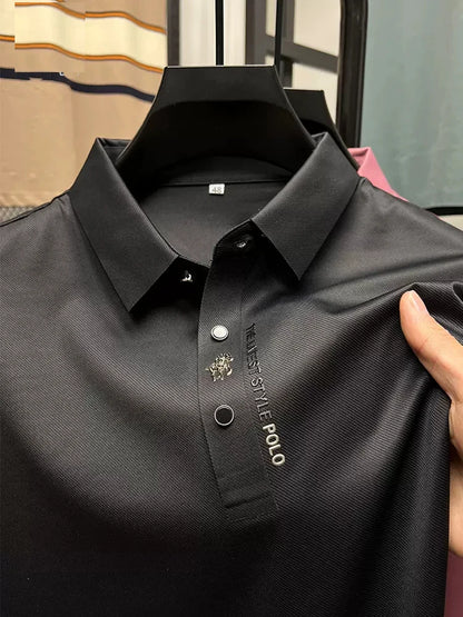 High-end Brand New Summer Solid Color High Quality Short Sleeve Polo Men's Fashion Business Casual Traceless Casual Printing hei