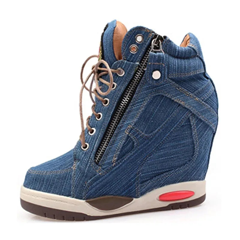 Women's Denim Wedge High-Top Sneakers | Fashion Platform Shoes with Zipper | Thick Bottom Casual Vulcanized Shoes | Big Size 41