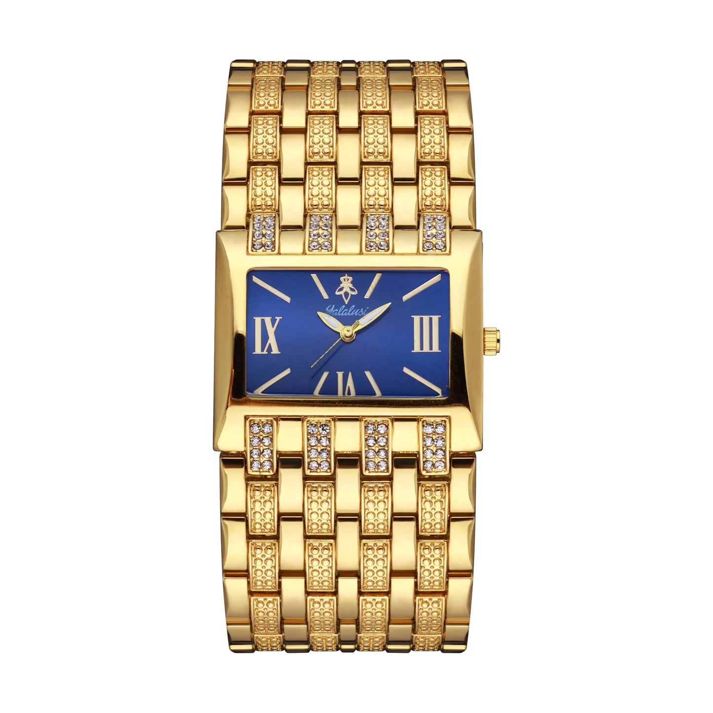 Yalalusi Women’s Luxury Watch – Rectangle Gold Case with Black Dial & Crystal Drilling – Ion Plating & Gift Box – Best Seller 2024 Gold Blue