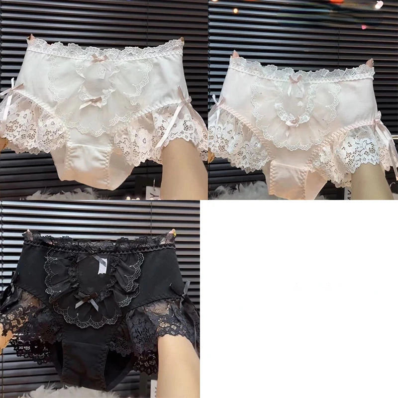 Oversized 95kg French Princess Lolita Triangle Panties Lace Bow Hollow Fairy Briefs High Waist Sweet Sexy Girls Underwear New Black pink White 3pcs