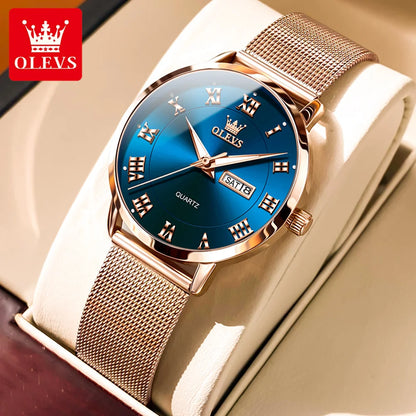 OLEVS Luxury Women's Quartz Watch | Week Calendar, Waterproof, Luminous, Milanese Mesh Belt blue CHINA