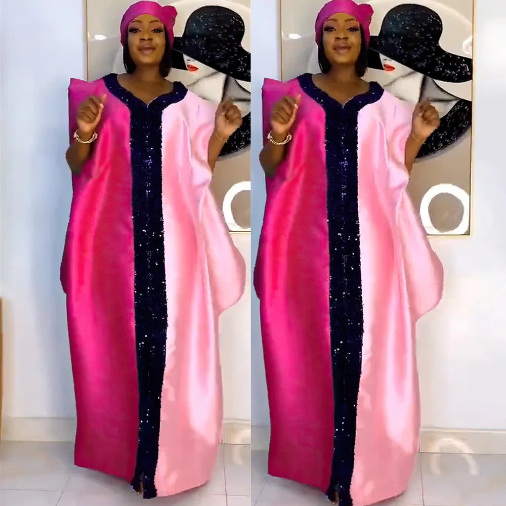 African Dresses for Women Traditional Africa Clothing Dashiki Ankara Outfits Gown Abayas Robe Muslim Kaftan Maxi Long Dress 2024 Rose Red One Size