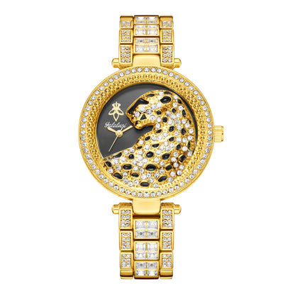 Yalalusi 2024 Women’s Luxury Watch – Gold with Crystal Diamonds & Leopard Box – Real Gold Plating & Watch Remover – Elegant Gift for Her Gold black