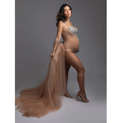 Elegant Maternity Jumpsuit with V Neck, Rhinestones, and Pearls - Perfect for Pregnancy Photo Shoots.