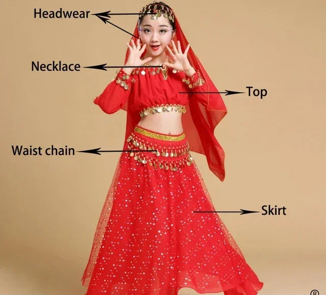 Girls' Indian Belly Dance Costume Set | Bollywood Sari Outfit for Children Red 5pcs