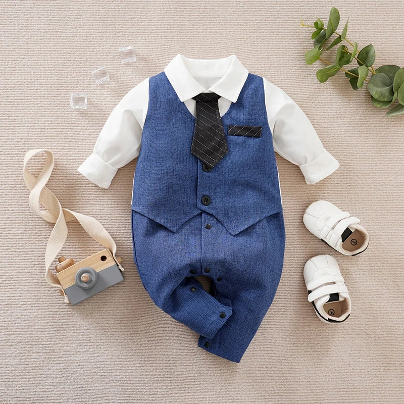 Newborn Clothes Handsome Gentleman Suit Party Formal Wear Comfortable Spring And Autumn Long Sleeved 0-18m Baby Jumpsuit Navy Blue