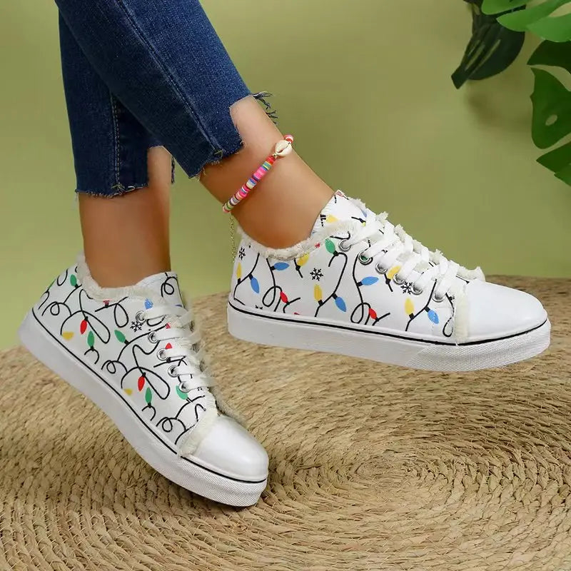 Women's Spring Cartoon Graffiti Casual Canvas Shoes - Fashion Lace-Up Round Toe Lightweight Sneakers