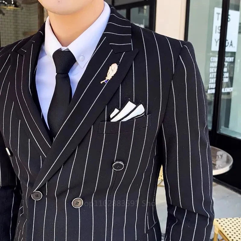 2024 Men's Slim Fit Vertical Stripe Double-Breasted Suit Set for Weddings