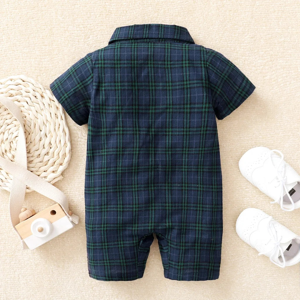 Newborn Baby Boy Jumpsuit Short Sleeves Plaid Gentleman Romper with Bow Tie Summer Fashion One Piece for Toddler 0-18Months