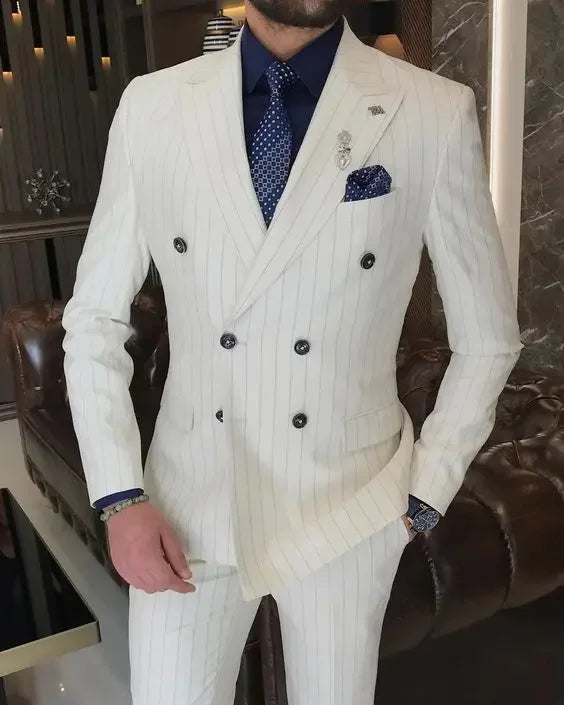 Slim Fit Striped Men's Suit 2-Piece Blazer & Pants for Wedding Groom White