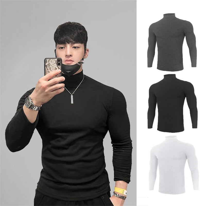 Autumn New Turtleneck T Shirts Men Knitting Shirt Slim Fit Fitness Elastic Clothes Long Sleeve T-Shirt Casual High Neck Tops