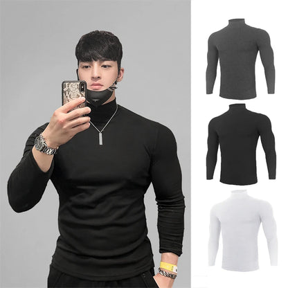 Autumn New Turtleneck T Shirts Men Knitting Shirt Slim Fit Fitness Elastic Clothes Long Sleeve T-Shirt Casual High Neck Tops