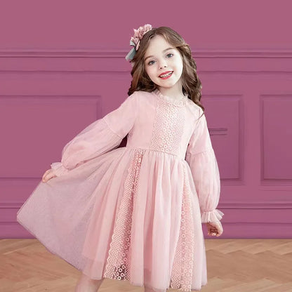 Kids' Lantern Sleeve Lace Princess Dress | Pearl Sweet Mesh Party Dress for Girls