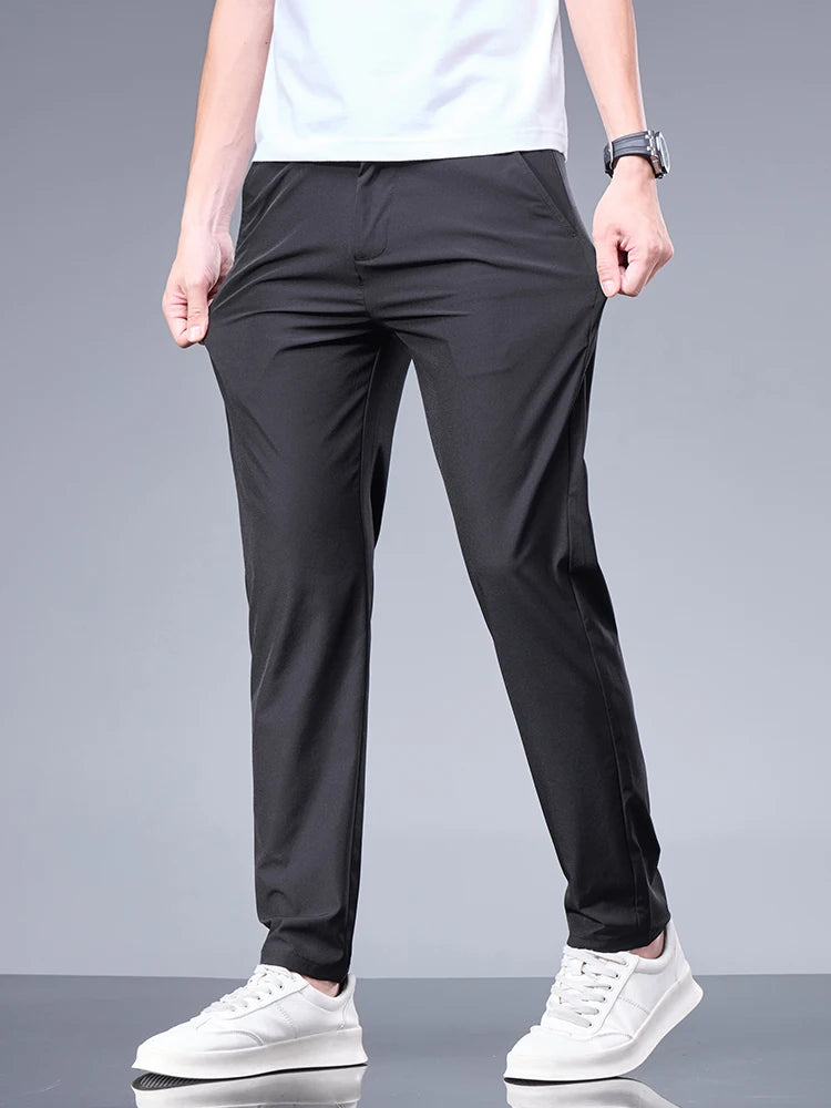 Summer New Business Ice Silk Pants Straight Elastic Waist Black Gray Trousers Breathable Simple Male Clothing Casual Suit Pants black