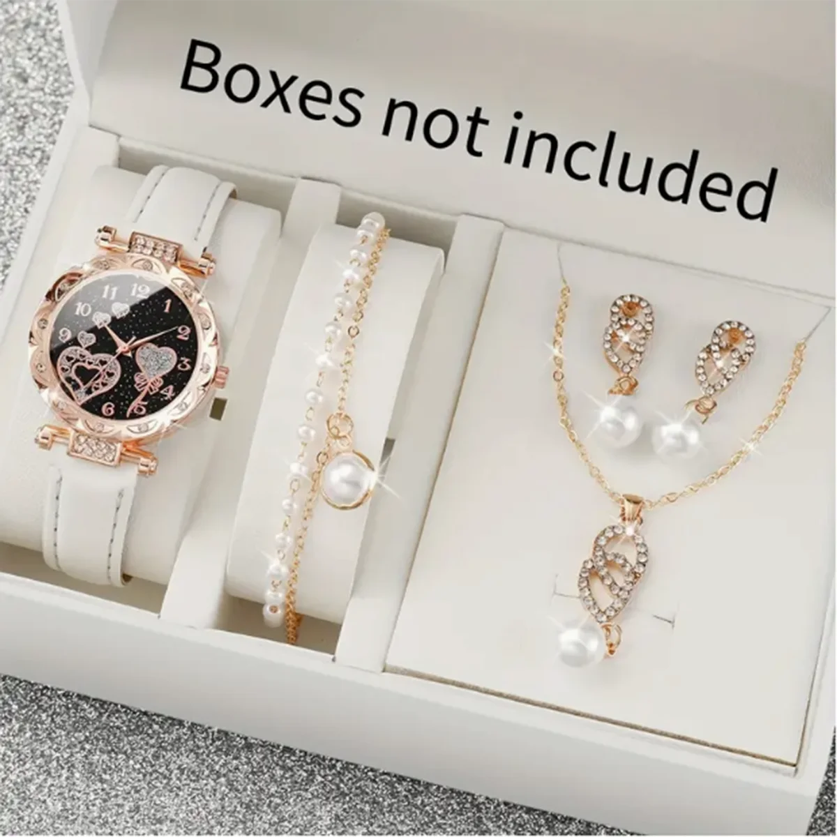 4-Piece Women's Shiny Rhinestone Quartz Watch & Faux Pearl Jewelry Set | Elegant Gift for Mom or Her AE-QT-G39