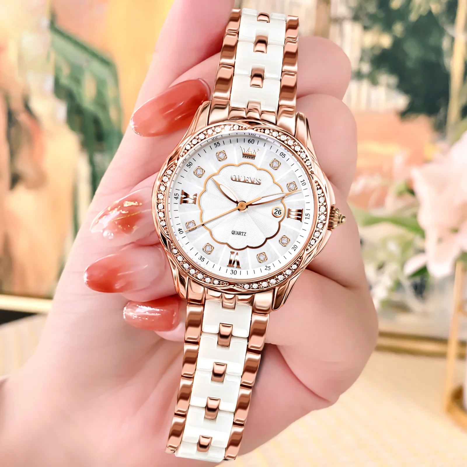 OLEVS Women's Ceramic Strap Watch | Elegant Rose Gold Luxury Quartz Wristwatch | Waterproof, Luminous Hands, Auto Date