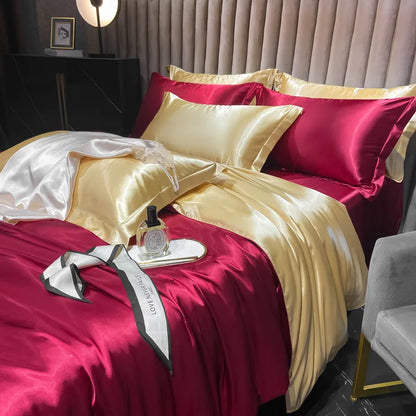 100% Mulberry Silk Bedding Set, 4pcs Duvet, Sheets, Pillowcases, King/Queen/Twin wine gold