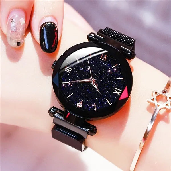 Women's Fashion Starry Sky Watch | Diamond Quartz Dress Watch with Magnet Buckle Mesh Belt Black